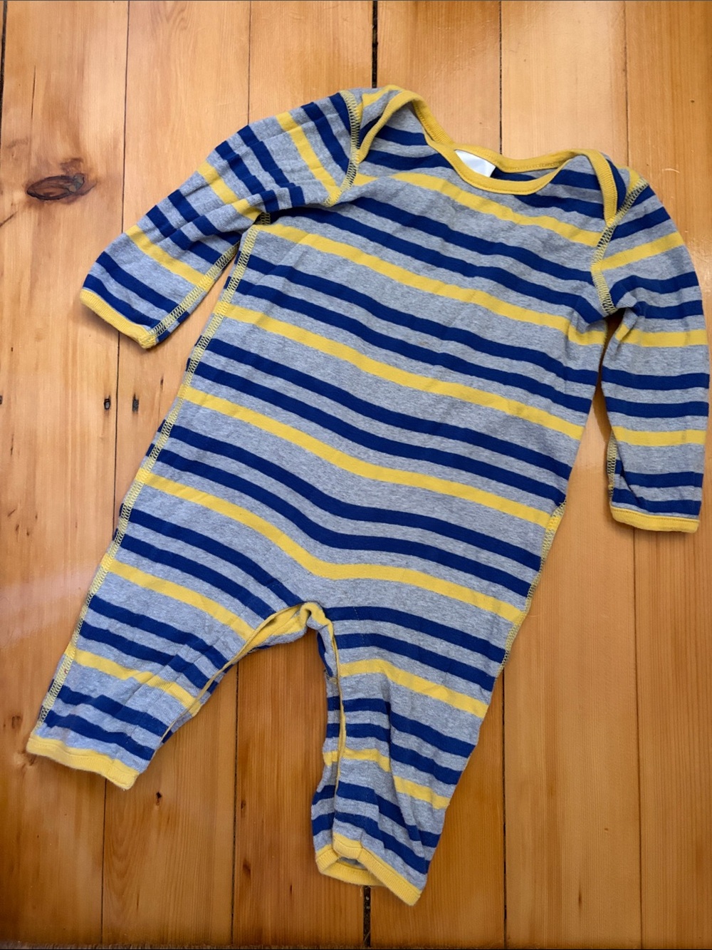 Hanna Andersson 6-12M Blue, Yellow & Gray Striped one piece - for sleep / play!